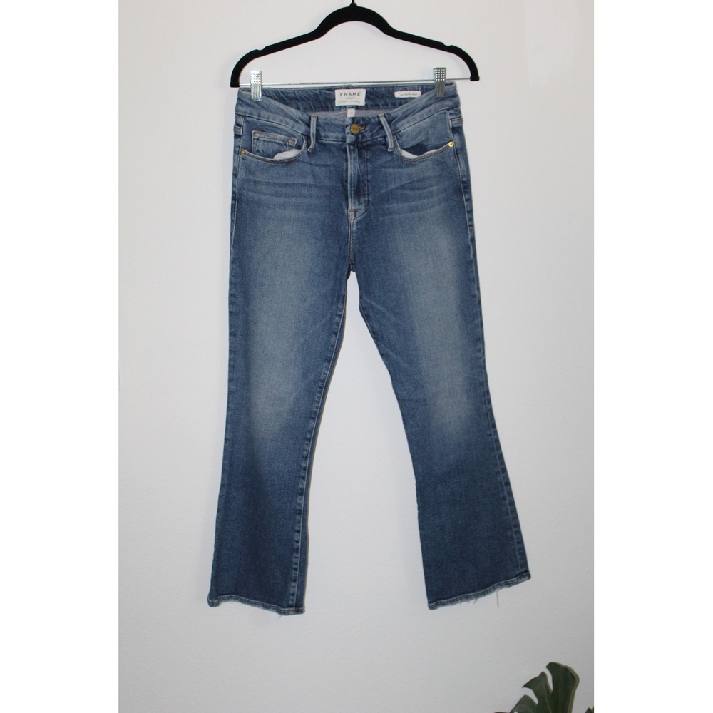 FRAME Denim Le Crop Mini Boot Elmont Ridge Blue Distressed Raw Hem Jeans Size 27